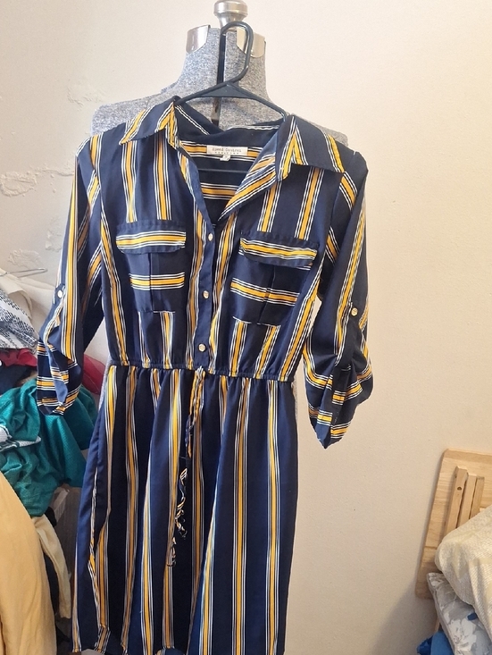 Speed Control Dresses & Skirts - Speed Control Navy Stripe Button-Front Shirt Dress with Yellow Accents